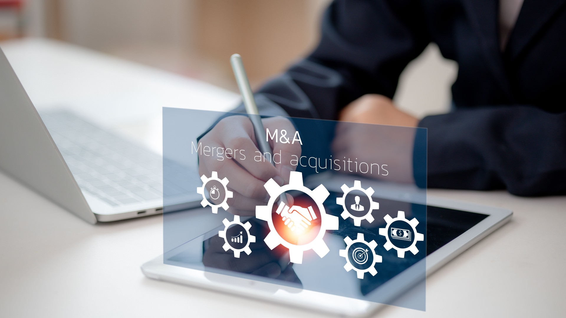 Business mergers and acquisitions concept. Share acquisition, asset business acquisition, amalgamation. Business review and development model. The abbreviation M and A